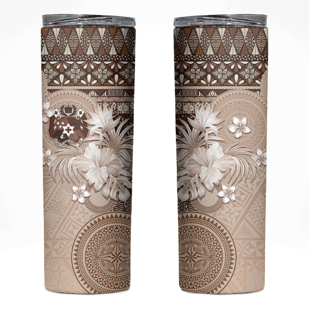 Tonga Ngatu Motifs Skinny Tumbler With Coat Of Arms Beige