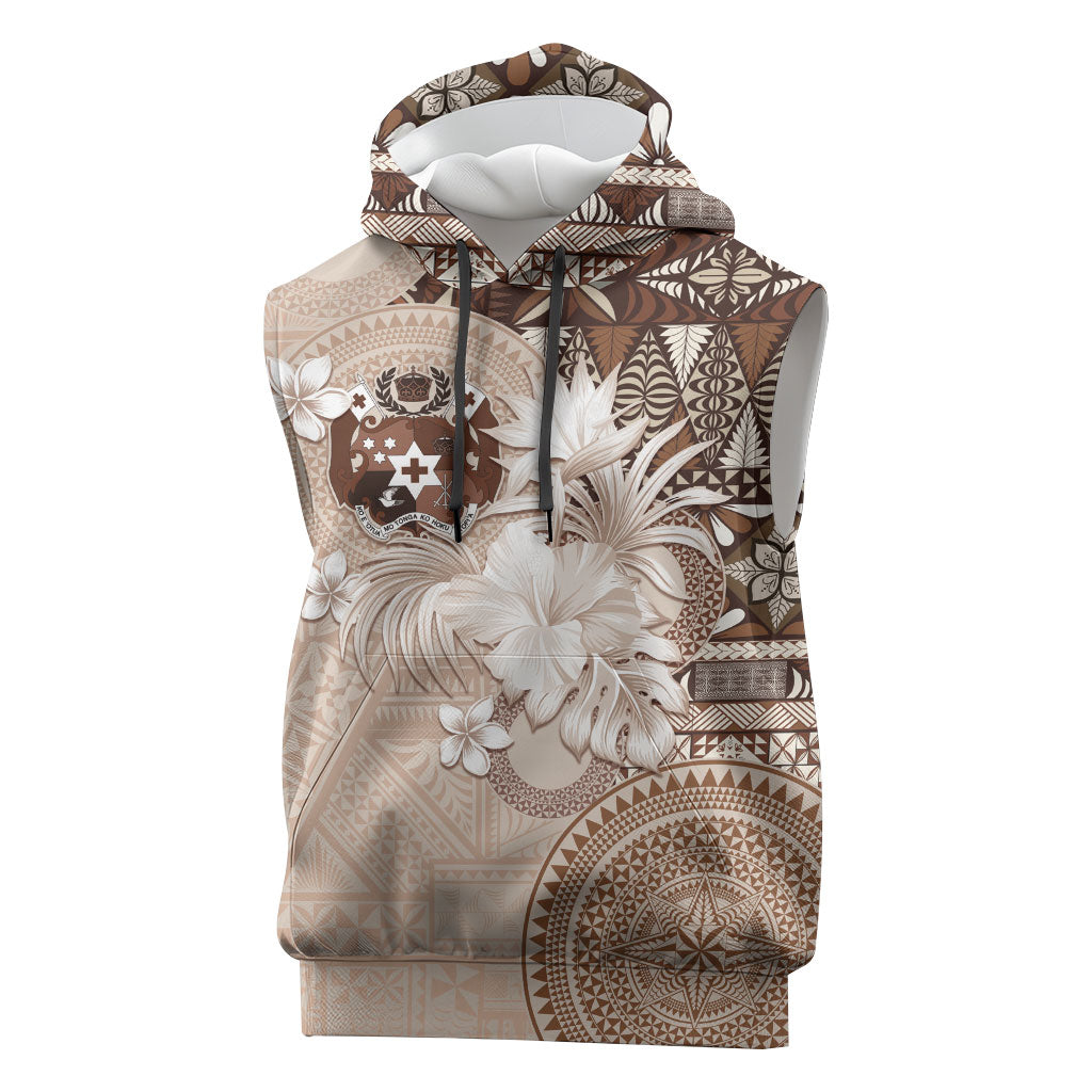 Tonga Ngatu Motifs Sleeveless Hoodie With Coat Of Arms Beige LT05 Beige - Polynesian Pride