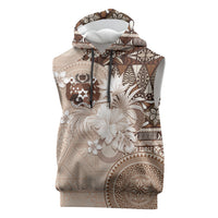 Tonga Ngatu Motifs Sleeveless Hoodie With Coat Of Arms Beige LT05 Beige - Polynesian Pride