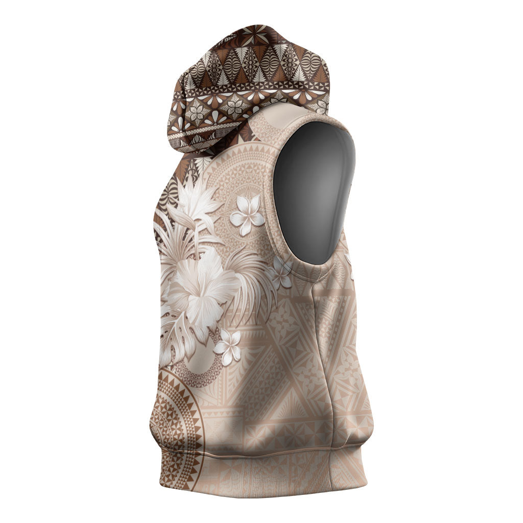 Tonga Ngatu Motifs Sleeveless Hoodie With Coat Of Arms Beige LT05 - Polynesian Pride