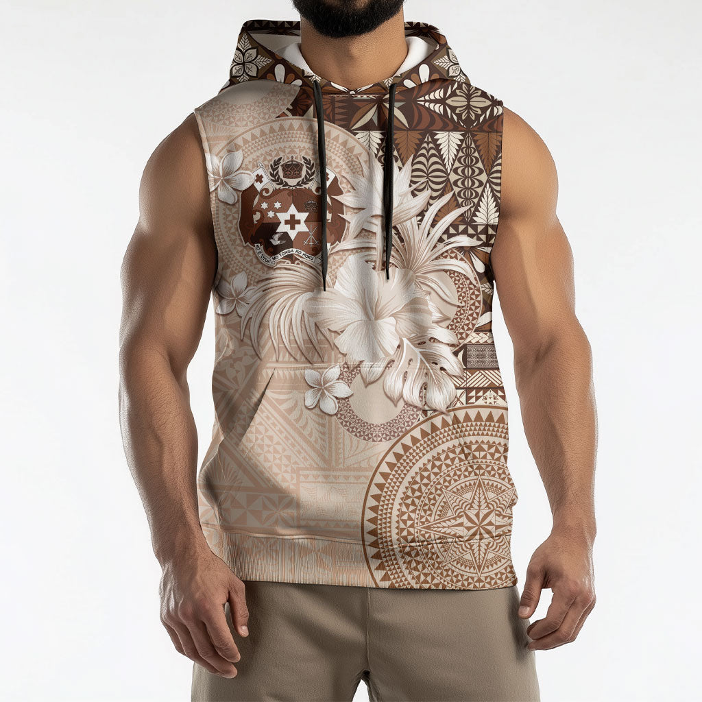 Tonga Ngatu Motifs Sleeveless Hoodie With Coat Of Arms Beige LT05 - Polynesian Pride