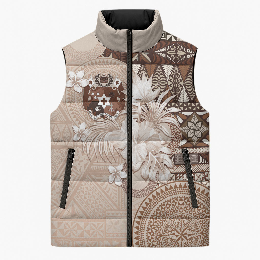 Tonga Ngatu Motifs Sleeveless Puffer Jacket With Coat Of Arms Beige LT05 Unisex Beige - Polynesian Pride