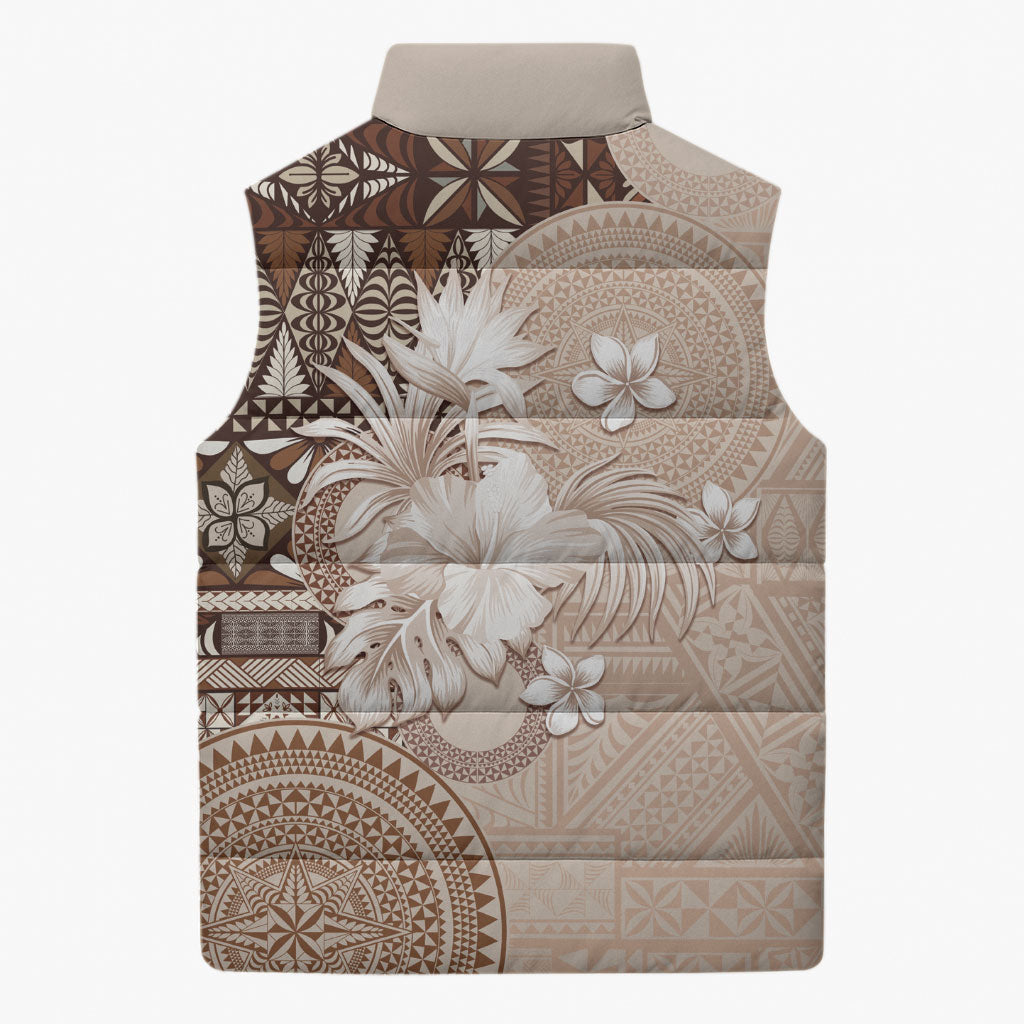 Tonga Ngatu Motifs Sleeveless Puffer Jacket With Coat Of Arms Beige LT05 - Polynesian Pride