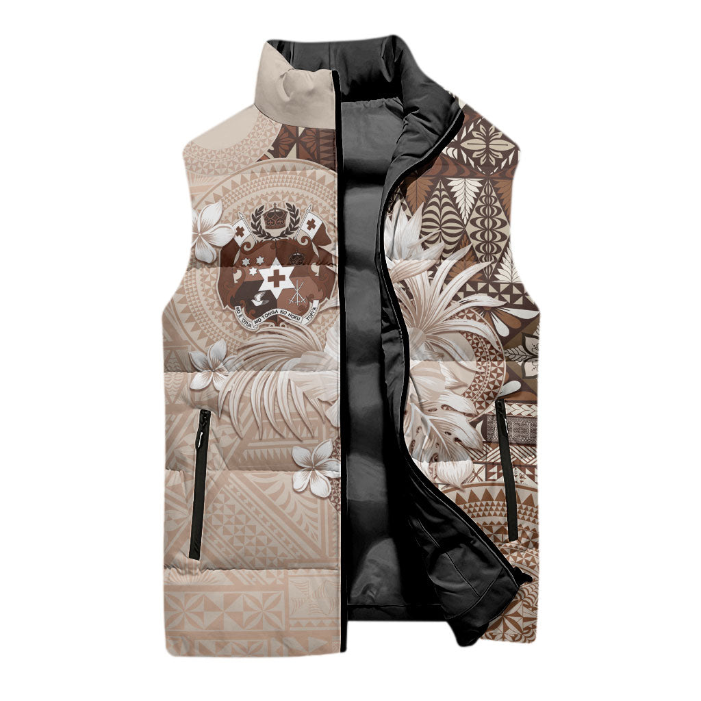 Tonga Ngatu Motifs Sleeveless Puffer Jacket With Coat Of Arms Beige LT05 - Polynesian Pride