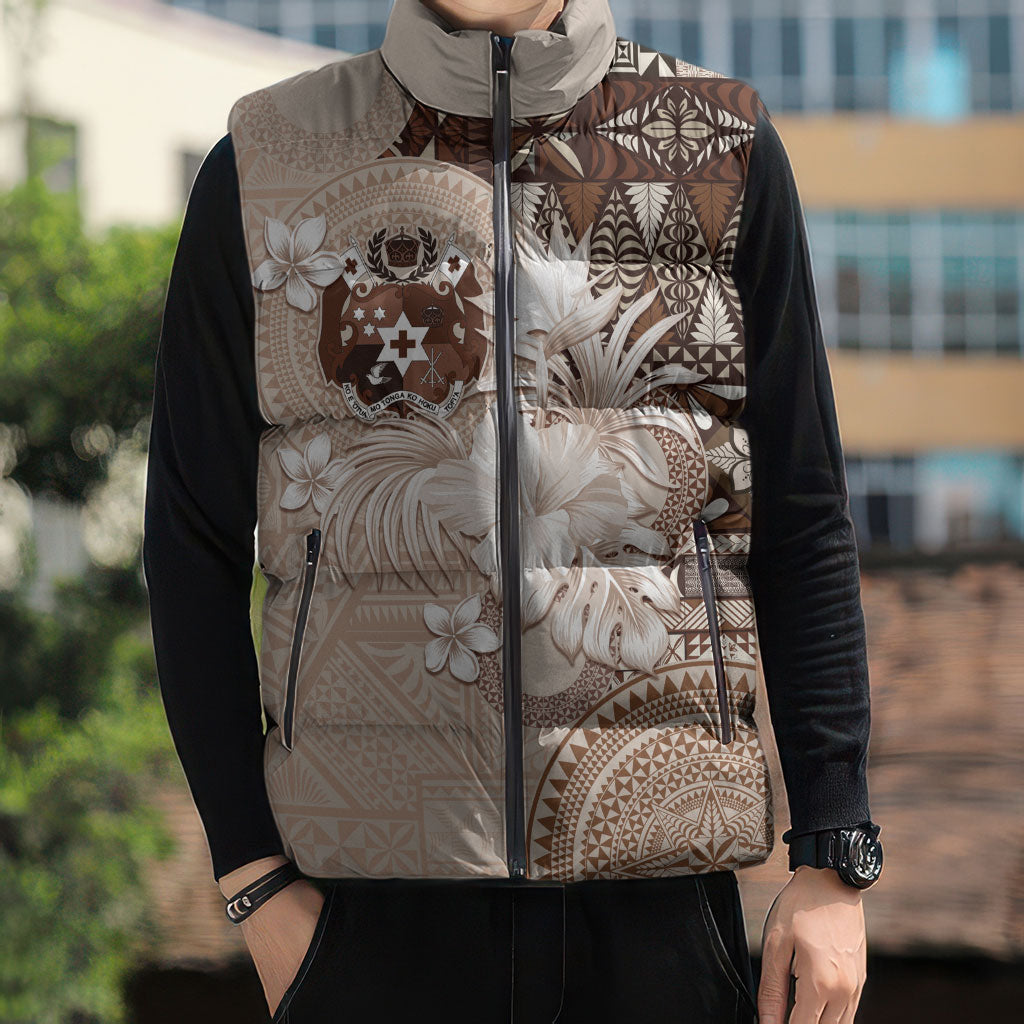 Tonga Ngatu Motifs Sleeveless Puffer Jacket With Coat Of Arms Beige LT05 - Polynesian Pride