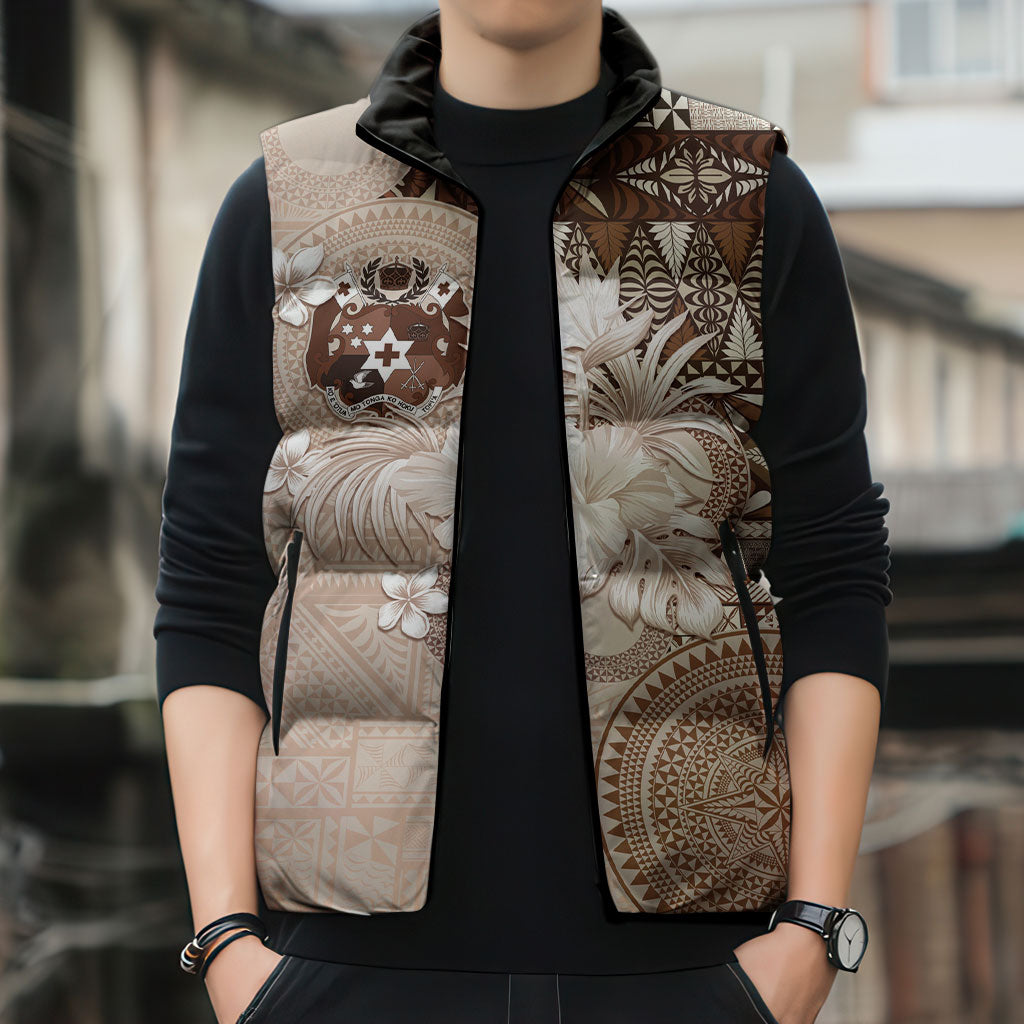 Tonga Ngatu Motifs Sleeveless Puffer Jacket With Coat Of Arms Beige LT05 - Polynesian Pride