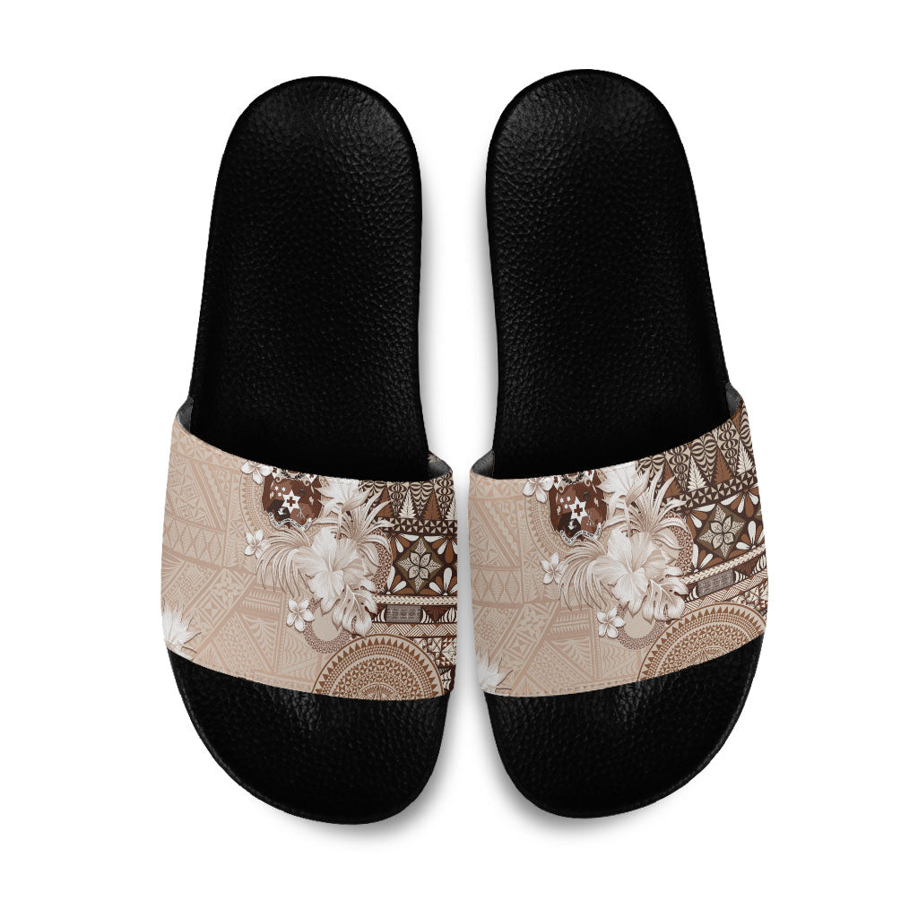 Tonga Ngatu Motifs Slide Sandals With Coat Of Arms Beige