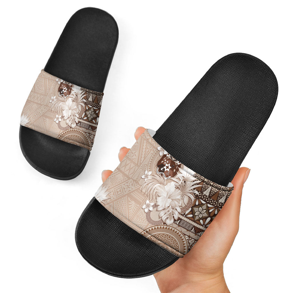 Tonga Ngatu Motifs Slide Sandals With Coat Of Arms Beige