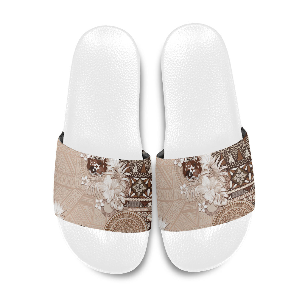 Tonga Ngatu Motifs Slide Sandals With Coat Of Arms Beige