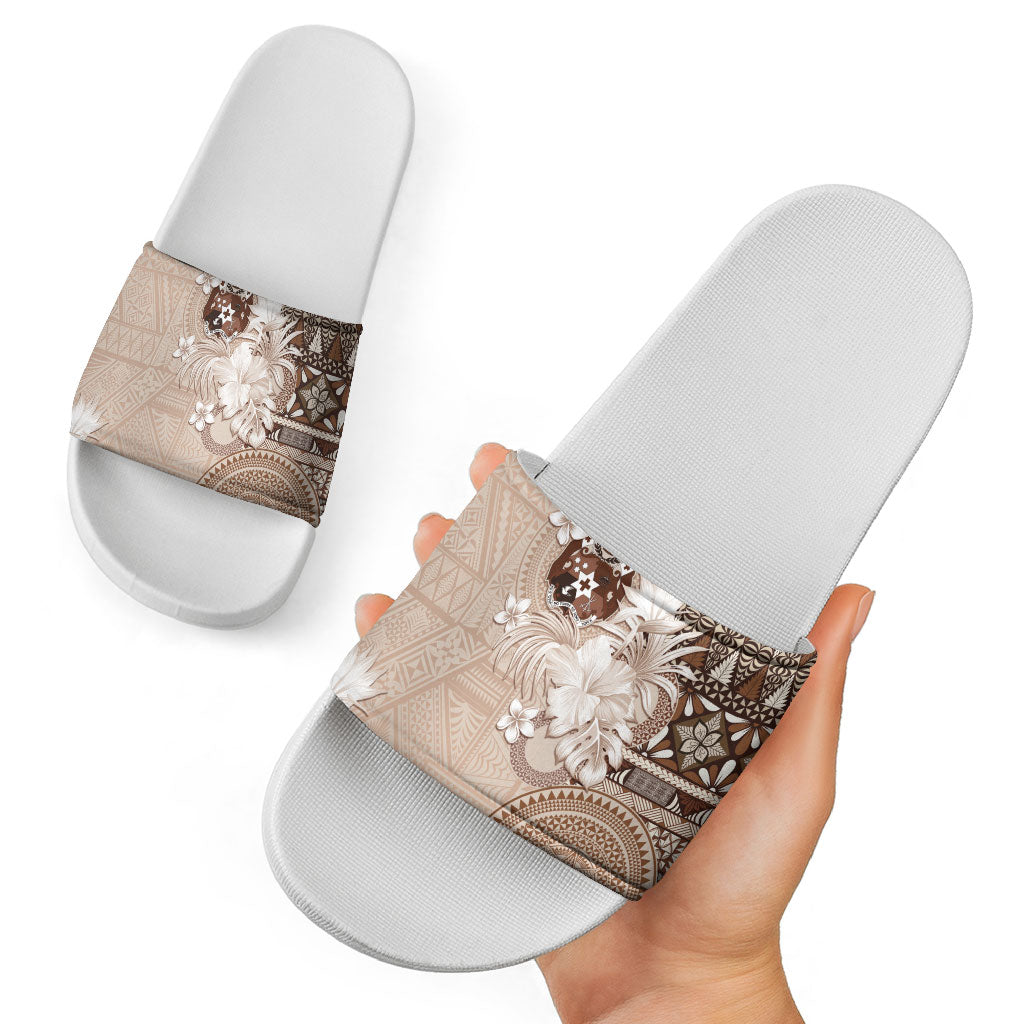 Tonga Ngatu Motifs Slide Sandals With Coat Of Arms Beige