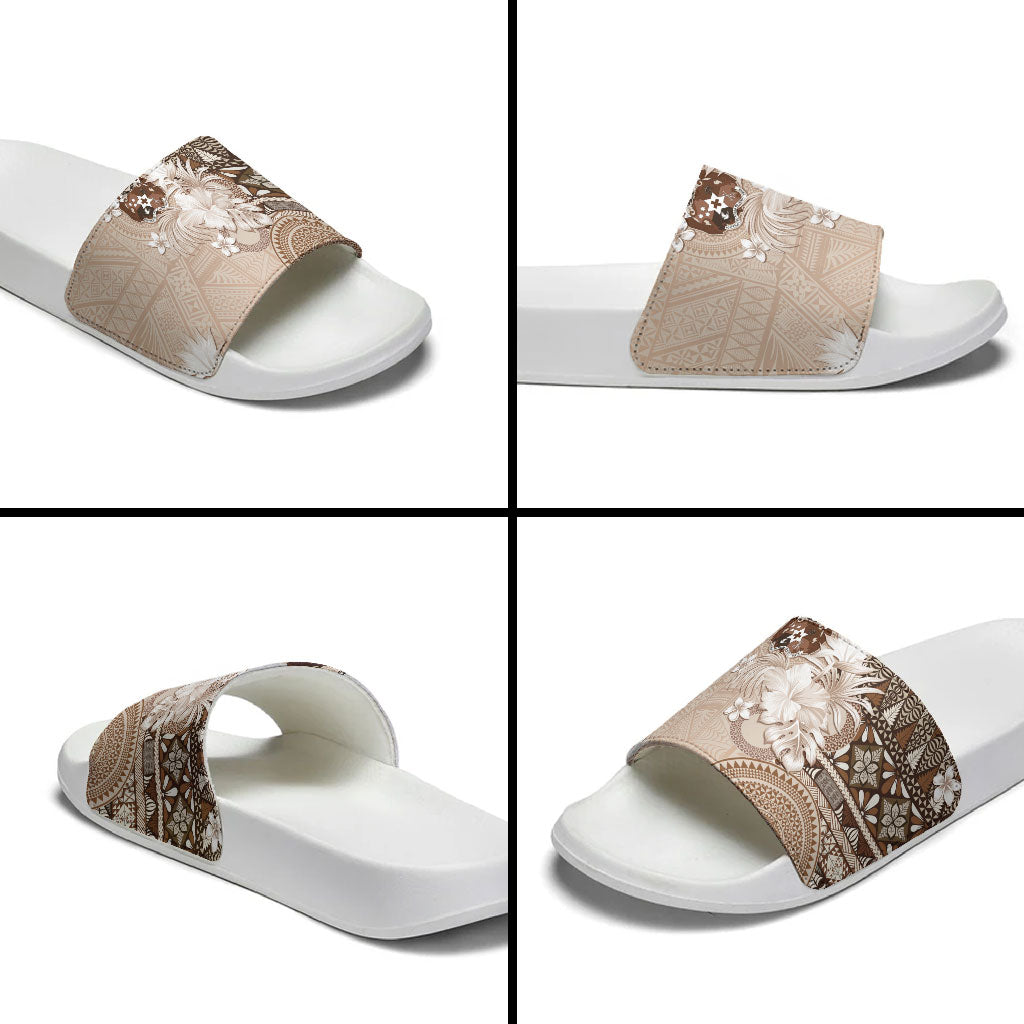 Tonga Ngatu Motifs Slide Sandals With Coat Of Arms Beige