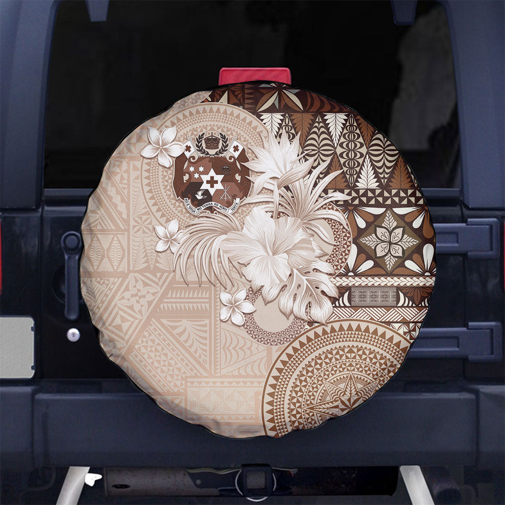 Tonga Ngatu Motifs Spare Tire Cover With Coat Of Arms Beige LT05 No hole Beige - Polynesian Pride