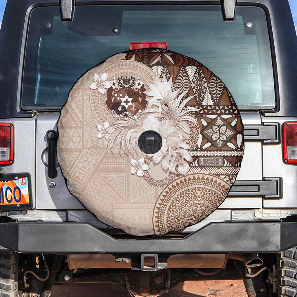 Tonga Ngatu Motifs Spare Tire Cover With Coat Of Arms Beige LT05 Beige - Polynesian Pride