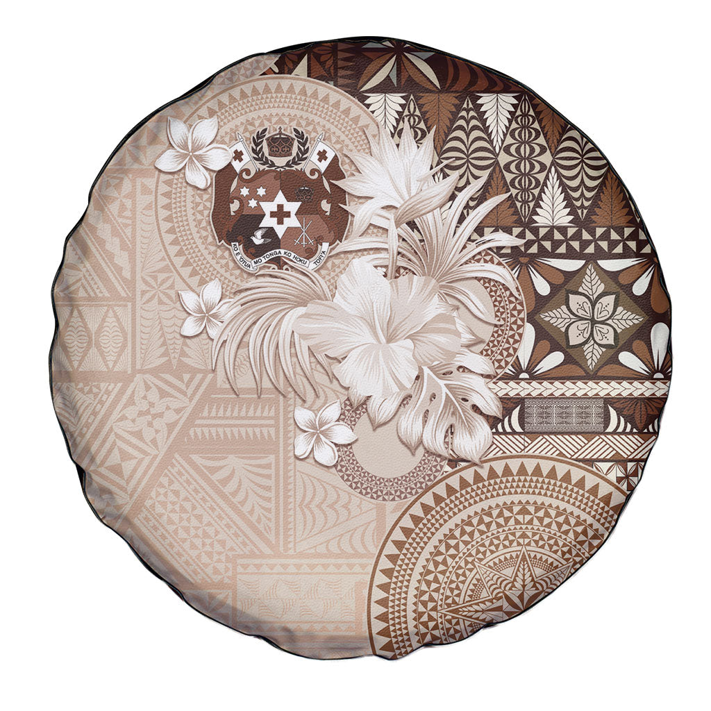 Tonga Ngatu Motifs Spare Tire Cover With Coat Of Arms Beige LT05 - Polynesian Pride