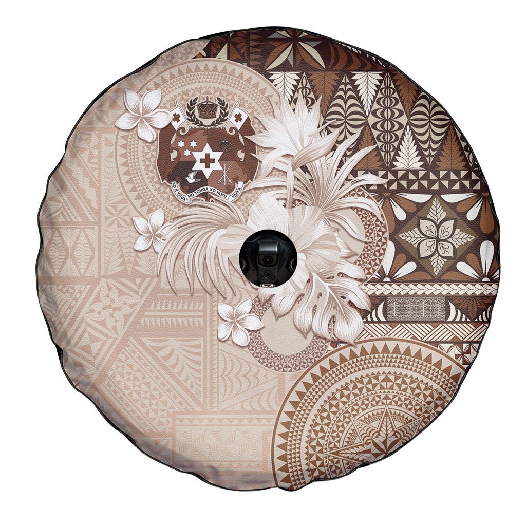 Tonga Ngatu Motifs Spare Tire Cover With Coat Of Arms Beige LT05 - Polynesian Pride