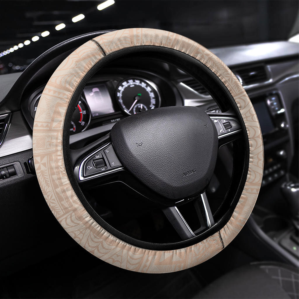 Tonga Ngatu Motifs Steering Wheel Cover With Coat Of Arms Beige LT05 Universal Fit Beige - Polynesian Pride