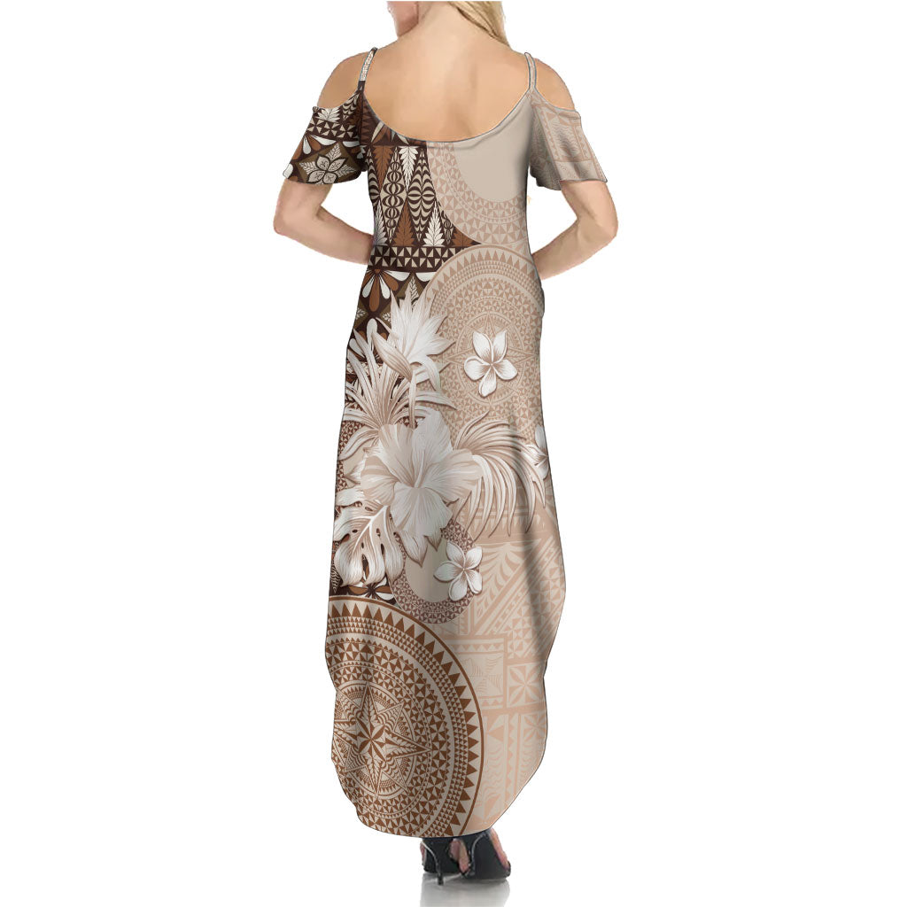Tonga Ngatu Motifs Summer Maxi Dress With Coat Of Arms Beige LT05 - Polynesian Pride