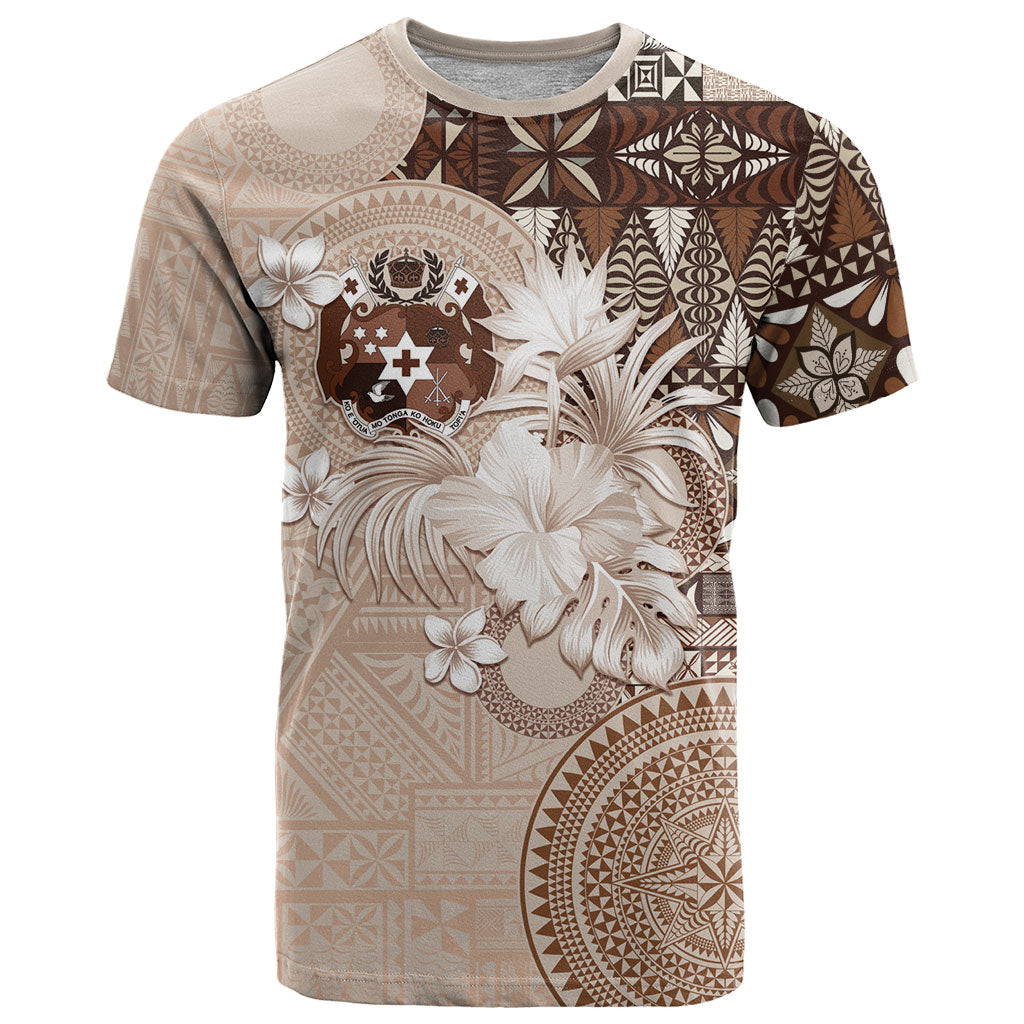 Tonga Ngatu Motifs T Shirt With Coat Of Arms Beige LT05 Beige - Polynesian Pride