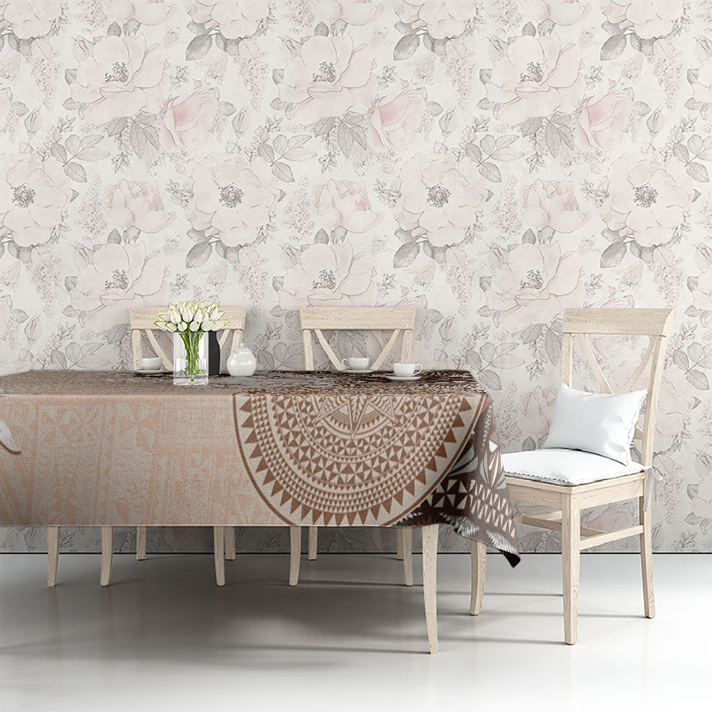 Tonga Ngatu Motifs Tablecloth With Coat Of Arms Beige