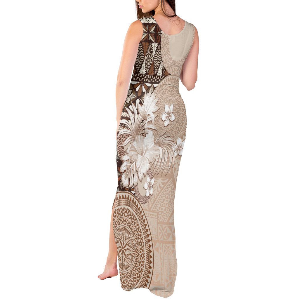 Tonga Ngatu Motifs Tank Maxi Dress With Coat Of Arms Beige LT05 - Polynesian Pride