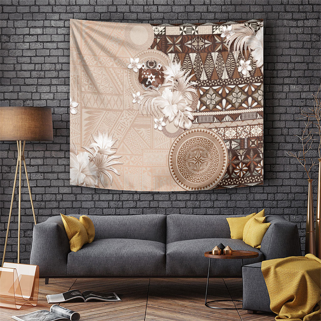 Tonga Ngatu Motifs Tapestry With Coat Of Arms Beige LT05 Beige - Polynesian Pride
