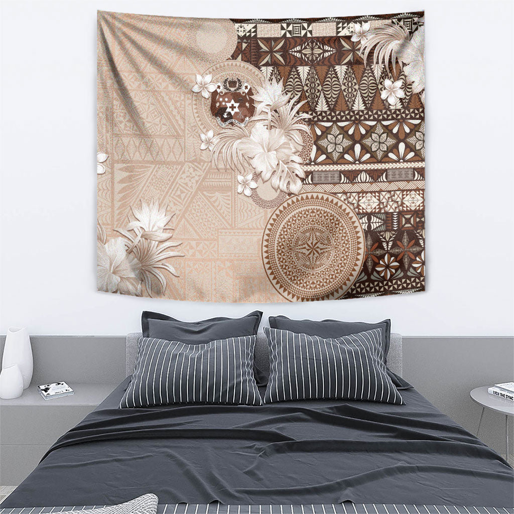 Tonga Ngatu Motifs Tapestry With Coat Of Arms Beige LT05 - Polynesian Pride