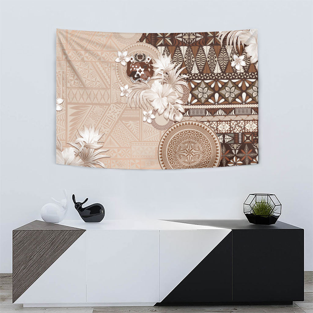 Tonga Ngatu Motifs Tapestry With Coat Of Arms Beige LT05 - Polynesian Pride