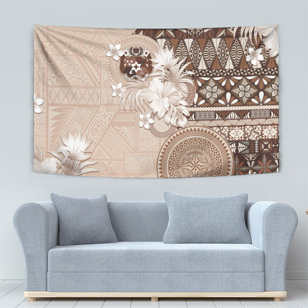 Tonga Ngatu Motifs Tapestry With Coat Of Arms Beige LT05 - Polynesian Pride