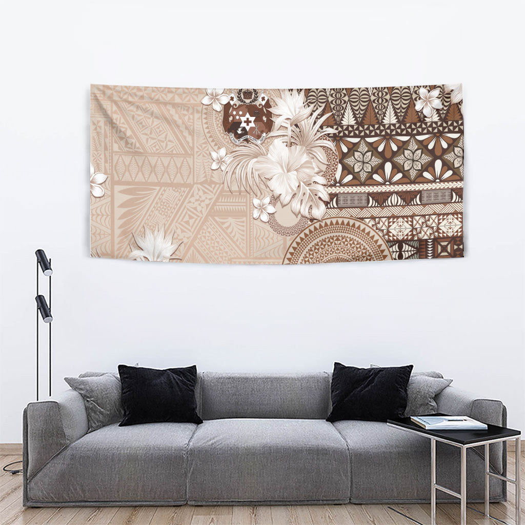 Tonga Ngatu Motifs Tapestry With Coat Of Arms Beige LT05 - Polynesian Pride