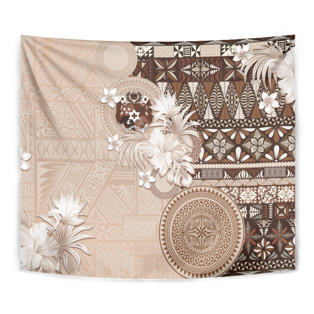 Tonga Ngatu Motifs Tapestry With Coat Of Arms Beige LT05 - Polynesian Pride