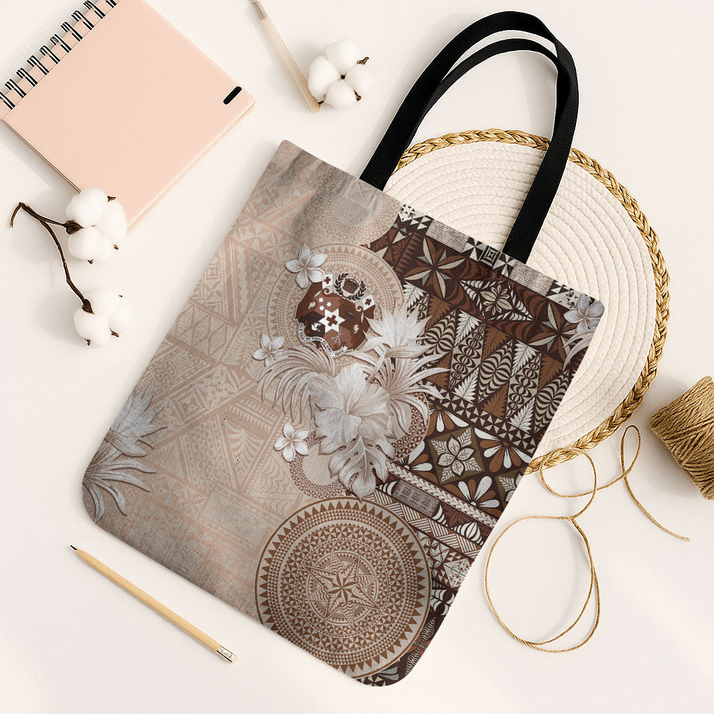 Tonga Ngatu Motifs Tote Bag With Coat Of Arms Beige