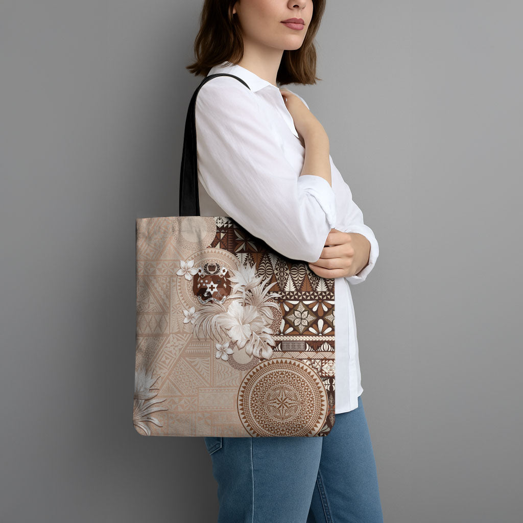 Tonga Ngatu Motifs Tote Bag With Coat Of Arms Beige LT05 - Polynesian Pride
