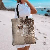 Tonga Ngatu Motifs Tote Bag With Coat Of Arms Beige LT05 - Polynesian Pride