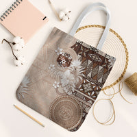 Tonga Ngatu Motifs Tote Bag With Coat Of Arms Beige LT05 White Strap One Size Beige - Polynesian Pride