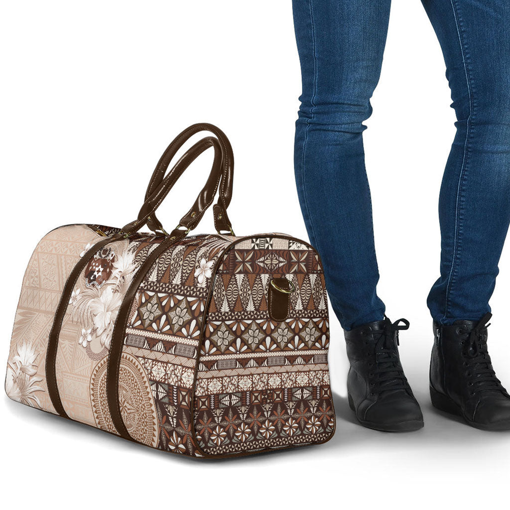 Tonga Ngatu Motifs Travel Bag With Coat Of Arms Beige LT05 - Polynesian Pride