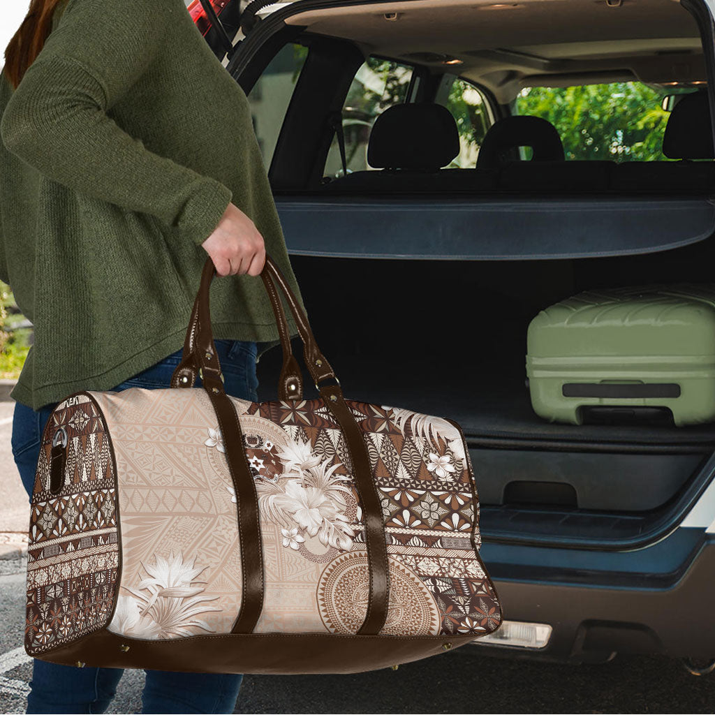 Tonga Ngatu Motifs Travel Bag With Coat Of Arms Beige LT05 - Polynesian Pride