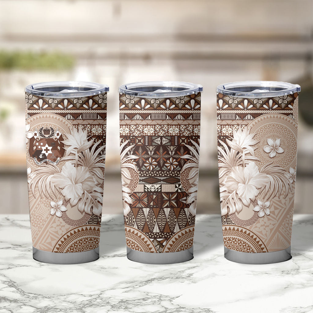 Tonga Ngatu Motifs Tumbler Cup With Coat Of Arms Beige LT05 - Polynesian Pride