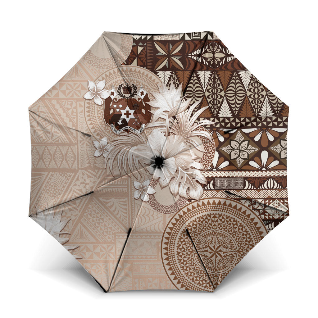 Tonga Ngatu Motifs Umbrella With Coat Of Arms Beige LT05 One Size Folded 11.42 inch Opened Diameter 37.4 inch Beige - Polynesian Pride
