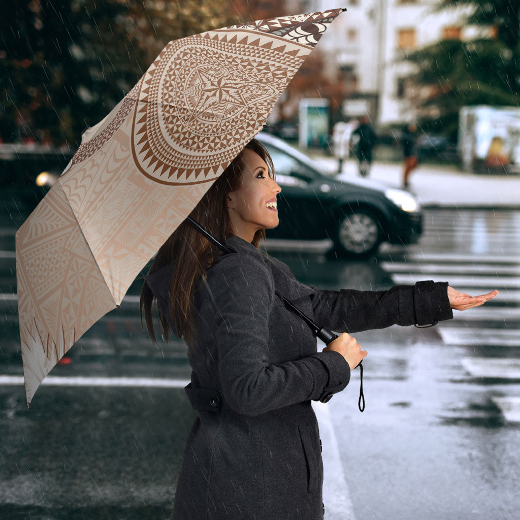Tonga Ngatu Motifs Umbrella With Coat Of Arms Beige LT05 - Polynesian Pride