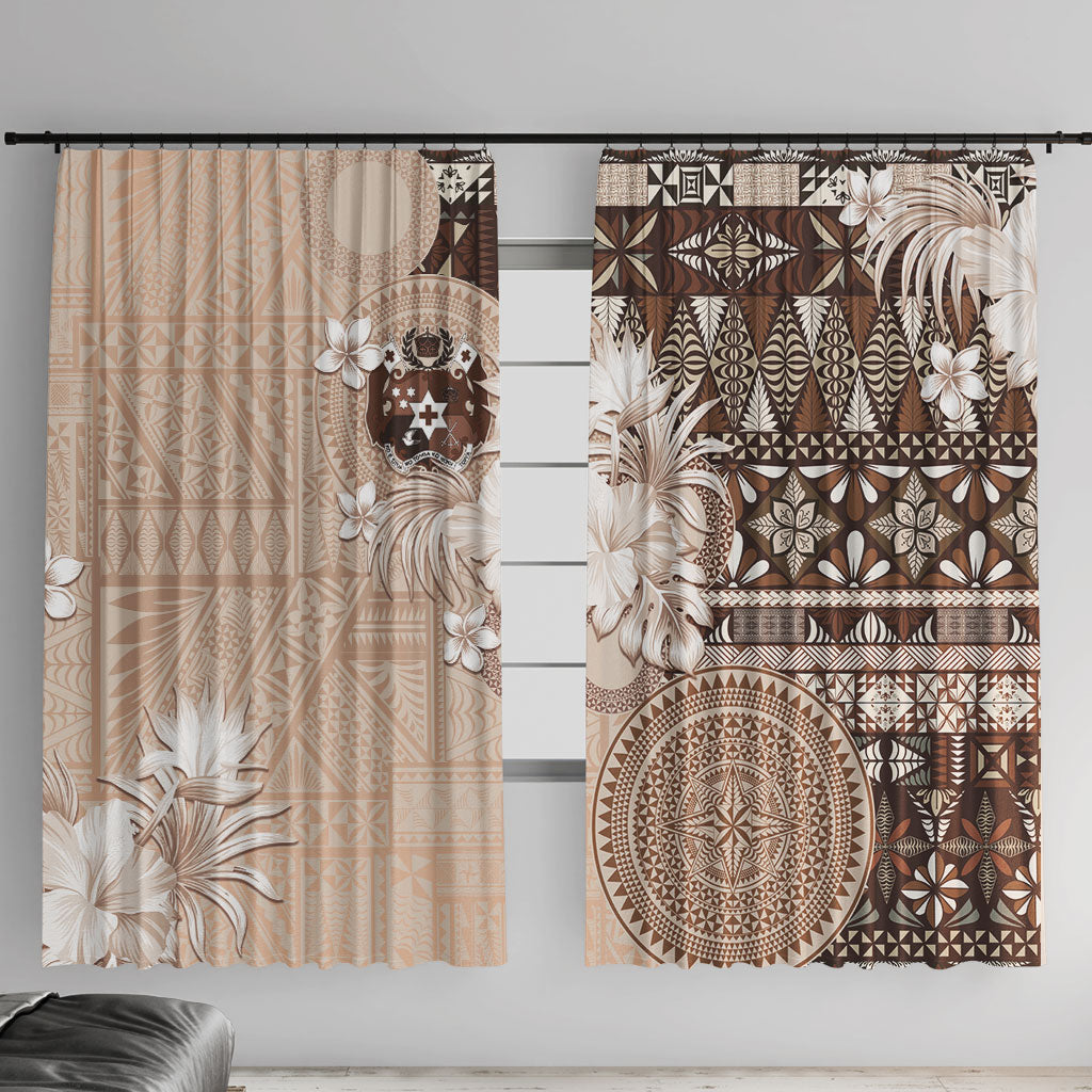 Tonga Ngatu Motifs Window Curtain With Coat Of Arms Beige LT05 With Hooks Beige - Polynesian Pride