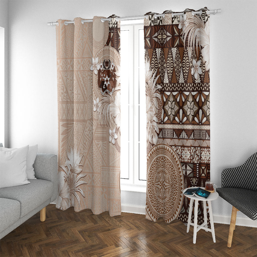 Tonga Ngatu Motifs Window Curtain With Coat Of Arms Beige LT05 With Grommets Beige - Polynesian Pride