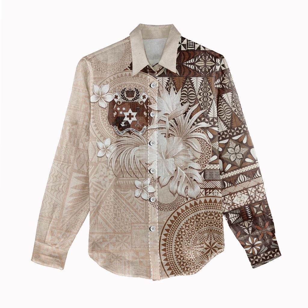 Tonga Ngatu Motifs Women Casual Shirt With Coat Of Arms Beige
