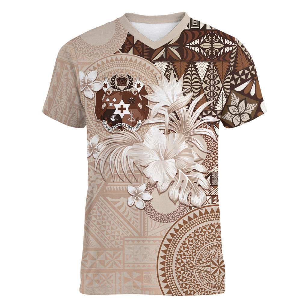 Tonga Ngatu Motifs Women V-Neck T-Shirt With Coat Of Arms Beige