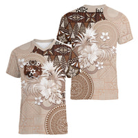 Tonga Ngatu Motifs Women V-Neck T-Shirt With Coat Of Arms Beige