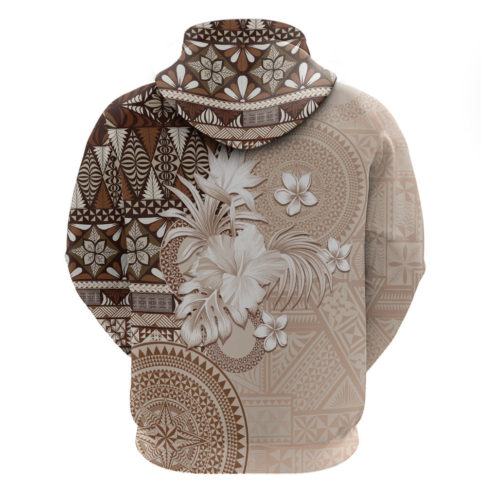 Tonga Ngatu Motifs Zip Hoodie With Coat Of Arms Beige LT05 - Polynesian Pride