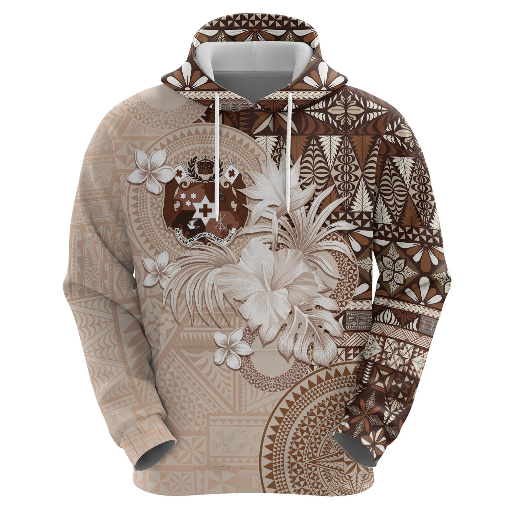 Tonga Ngatu Motifs Zip Hoodie With Coat Of Arms Beige LT05 - Polynesian Pride
