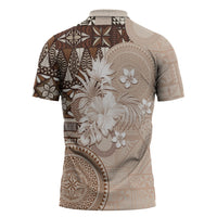 Tonga Ngatu Motifs Zipper Polo Shirt With Coat Of Arms Beige LT05 - Polynesian Pride