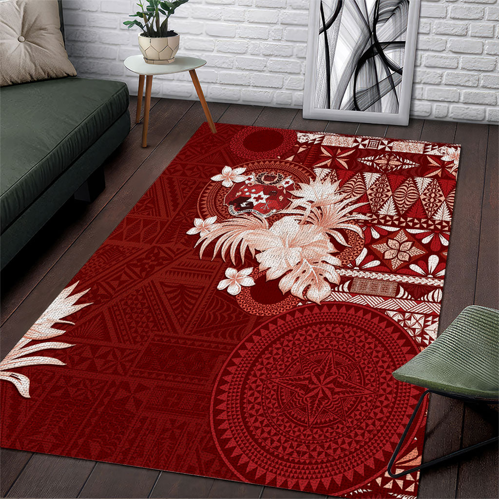 Tonga Ngatu Motifs Area Rug With Coat Of Arms Red LT05 Red - Polynesian Pride