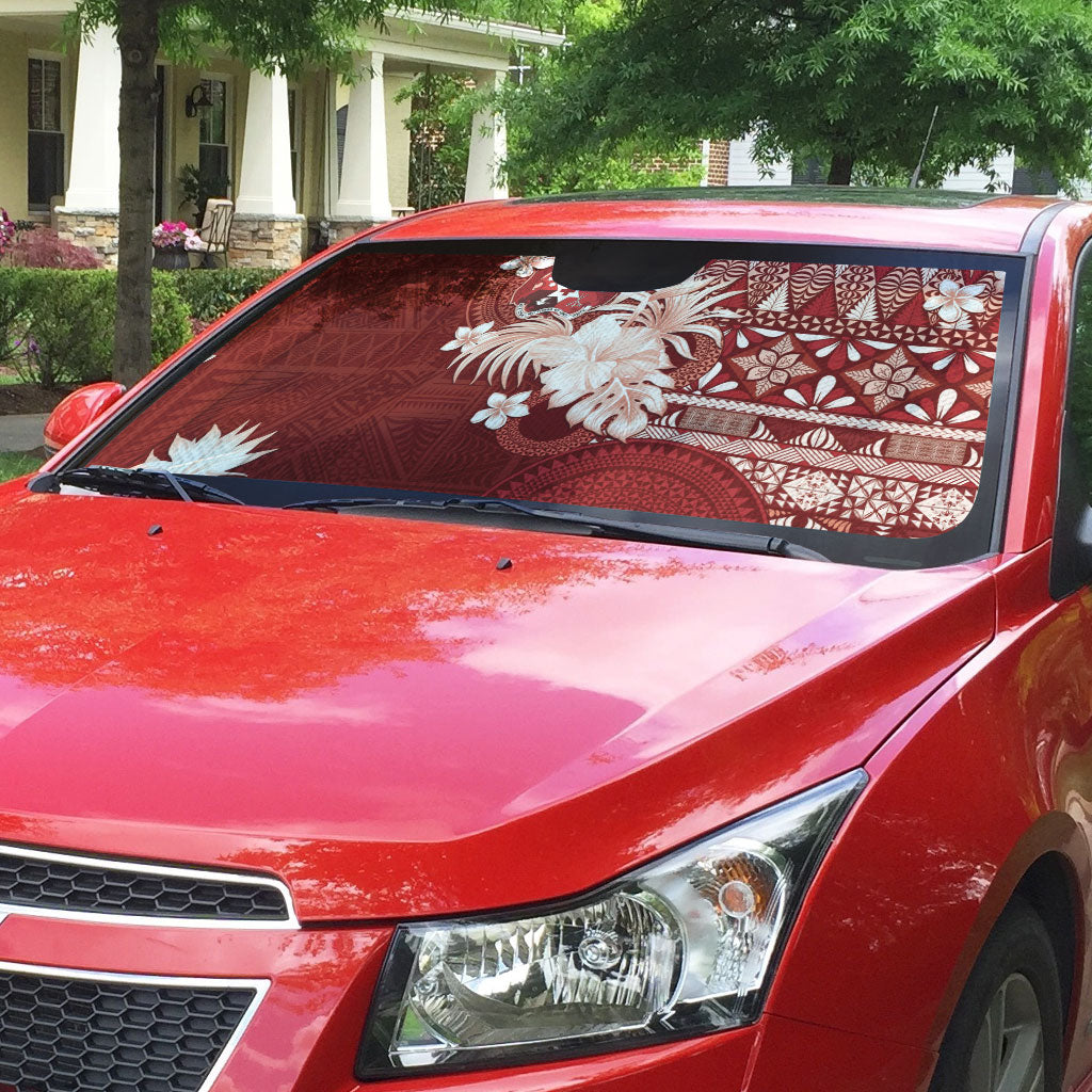Tonga Ngatu Motifs Auto Sun Shade With Coat Of Arms Red LT05 - Polynesian Pride