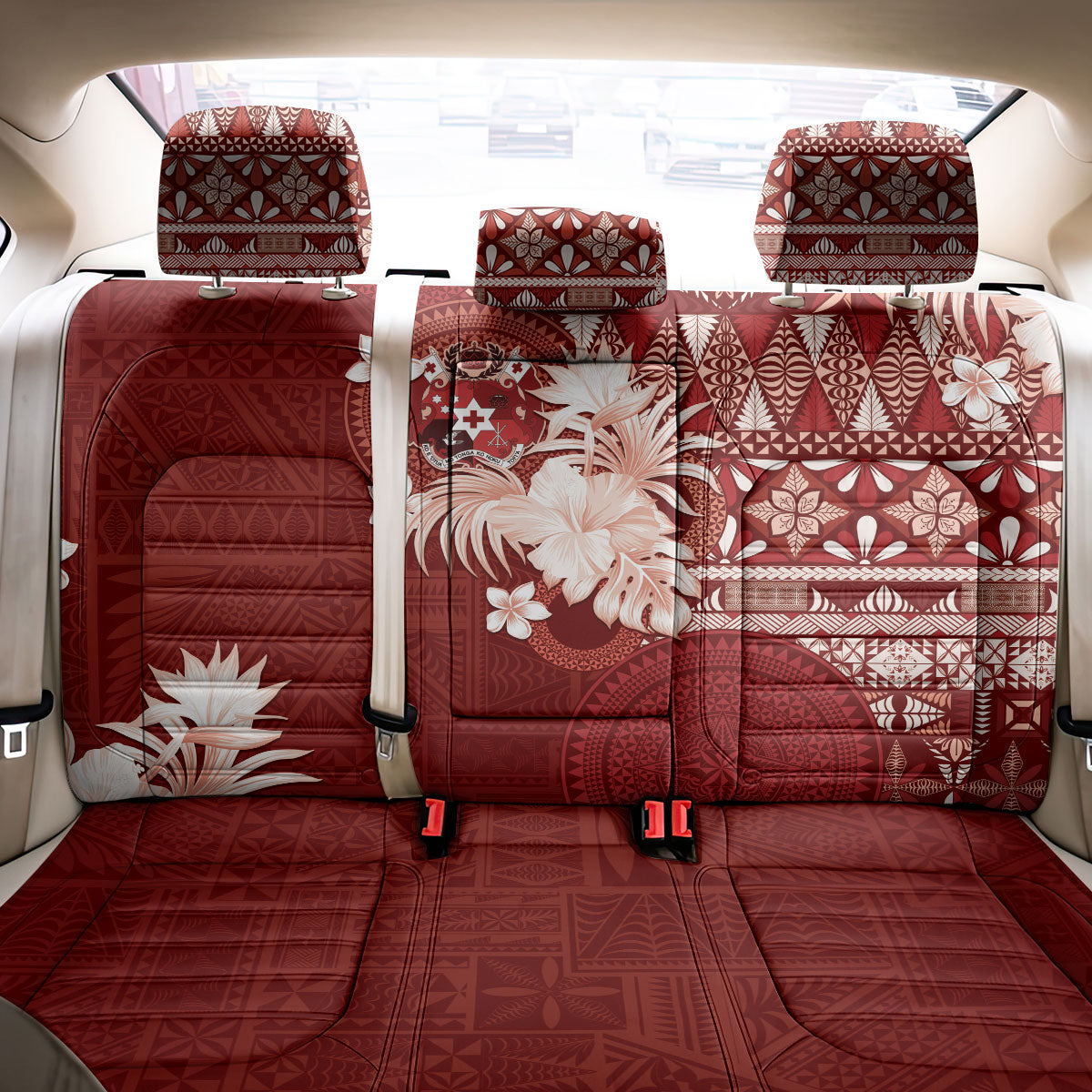 Tonga Ngatu Motifs Back Car Seat Cover With Coat Of Arms Red LT05 - Polynesian Pride